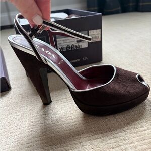Bintage Prada Brown Suede Peep-Toe Platform Heels with Ankle Strap
